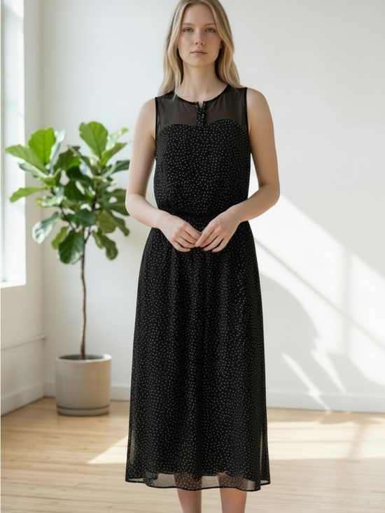 Jacob Dresses & Skirts - JACOB (XS) Sleeveless Black Polka Dot Midi Dress Mesh Flowy Lined Elastic Waist